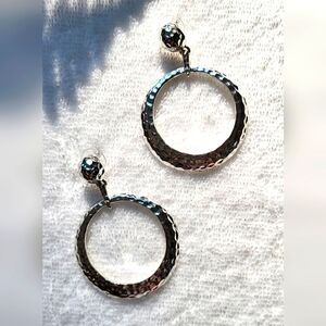 Hammered Silver Circle Statement Dangle Stud Earrings / Pierced